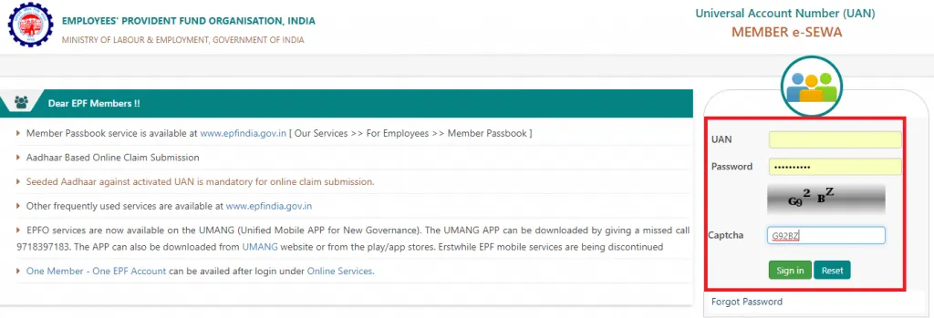 Login to EPFO Member Portal